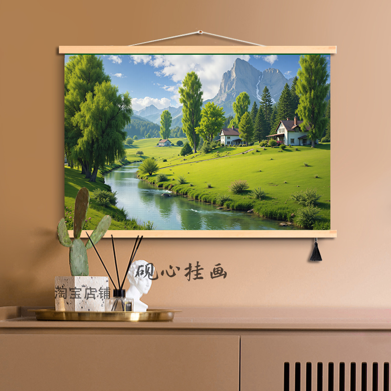 流水生财入户进门装饰画客厅背景墙挂画玄关走道餐厅山水风景壁画图片