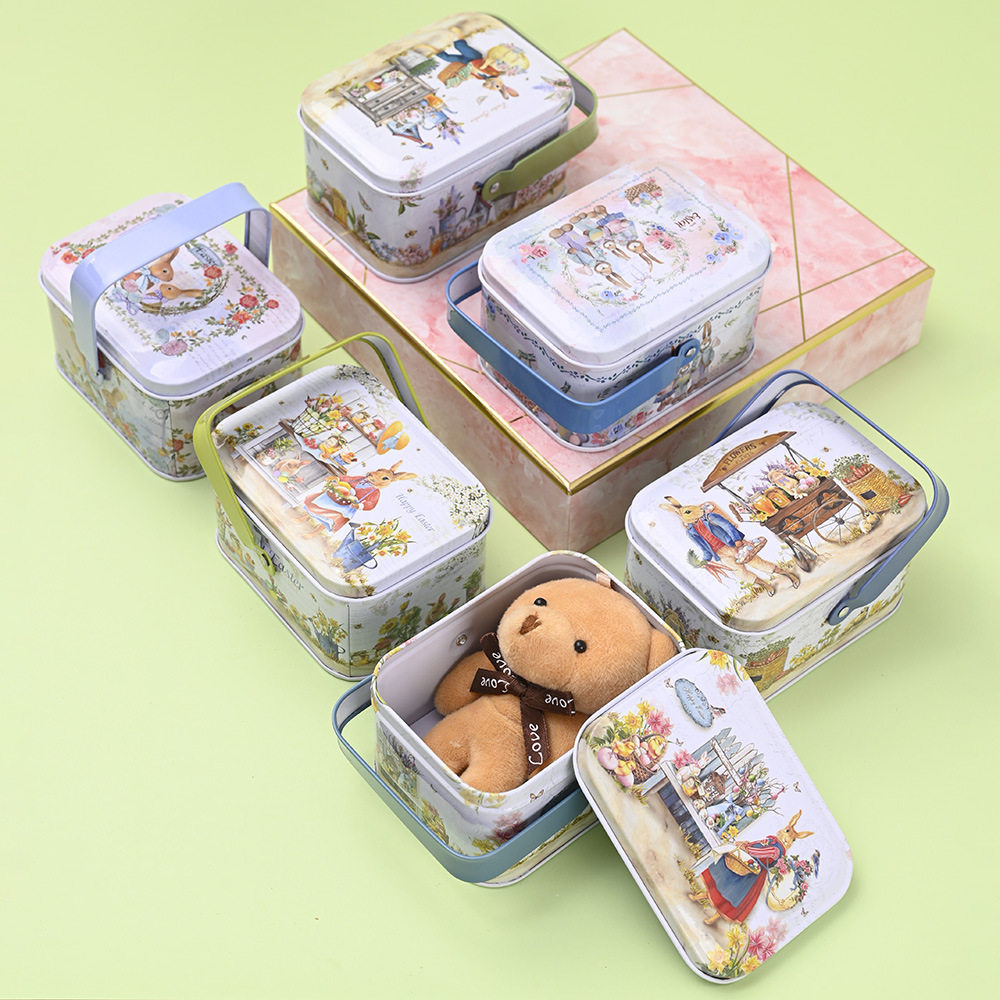 豪贝新款复活节装饰用品创意手提马口铁盒饼干盒兔子礼物盒铁盒子