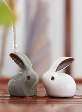 哥窑创意茶宠摆件汝窑开片小兔子茶宠茶玩功夫茶具配件摆设礼品