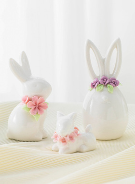 北欧小动物客厅迷你陶瓷兔子摆件ins简约现代装家居饰品ins风白瓷