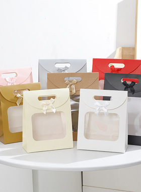 现货翻盖式手提袋蝴蝶结开窗大号卡纸袋手拎礼品袋生日礼物包装袋