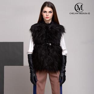 2020冬新款 欧美大牌大牌超长毛仿山羊毛拼皮草加厚腰带马夹马甲