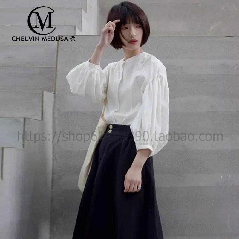 新款2023春季欧洲站法式女士灯笼袖白衬衫女设计感小众上衣衬衣
