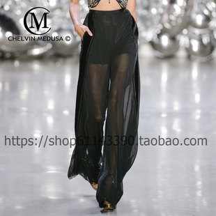 女高腰垂感黑色裤 仙女洋气薄雪纺阔腿裤 子女 夏天ins拖地法式 新款