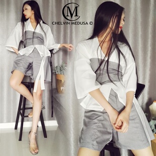 套装 不规则俏皮上衣配短裤 两件套 欧洲站chic女神白灰洋气时尚 新款