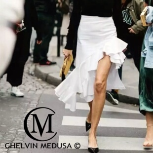 2025新款 一步裙 不规则白色开叉荷叶边女夏鱼尾裙半身裙高腰中长款