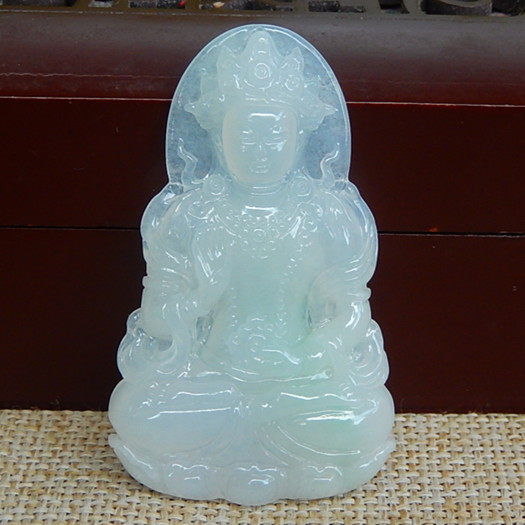 缅甸天然A货翡翠原石半明料玉石毛料成品冰飘绿度母观音挂件H1842