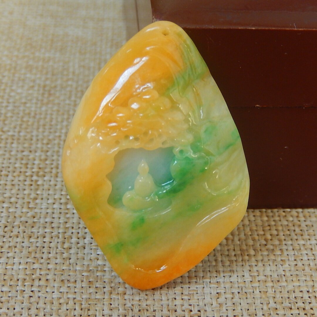 缅甸A货翡翠原石半明料玉石毛料大马坎黄加绿无相佛牌子挂件 V205