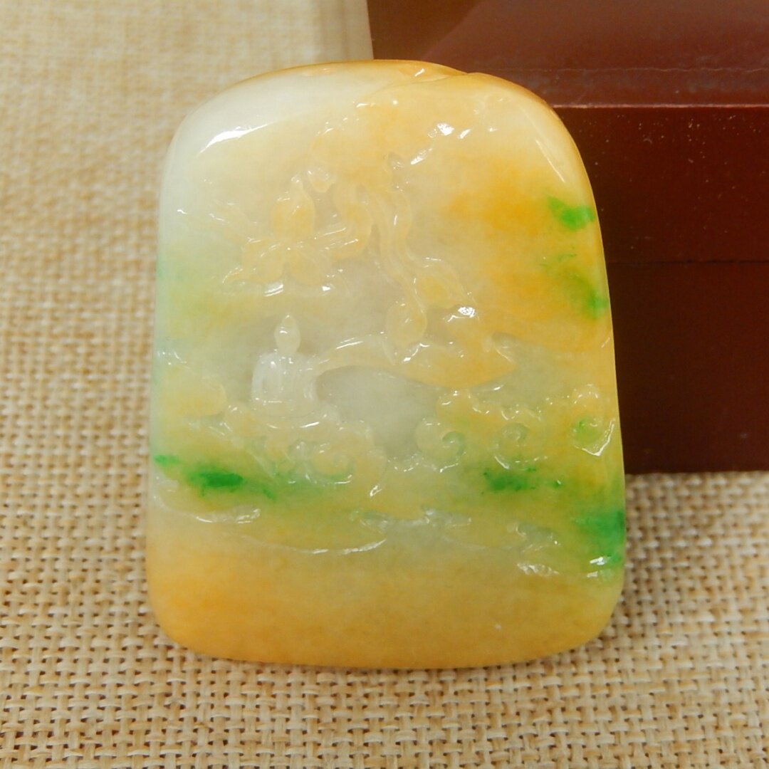 缅甸A货翡翠原石半明料玉石毛料大马坎黄加绿无相佛牌子挂件K9918