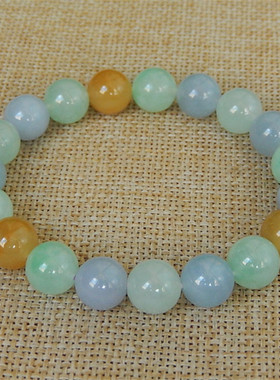 正品缅甸天然A货翡翠原石半明料玉石冰糯种三彩手串珠子手链K3590