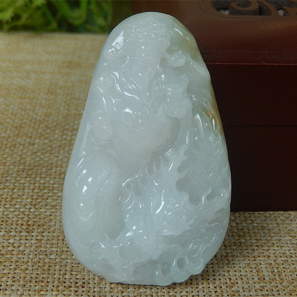 正品缅甸天然A货翡翠原石明料玉石毛料冰糯种盘龙财神爷挂件K4368