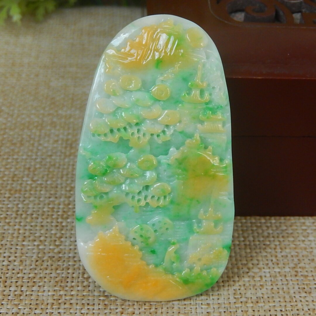 缅甸天然A货翡翠原石半明料玉石毛料冰糯种黄加绿山水牌挂件K7504