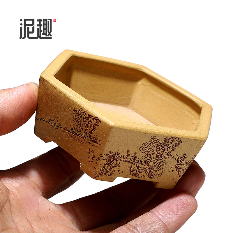 〔长青〕宜兴紫砂花盆古典菖蒲多肉微型万象盆景透气段泥全手六方