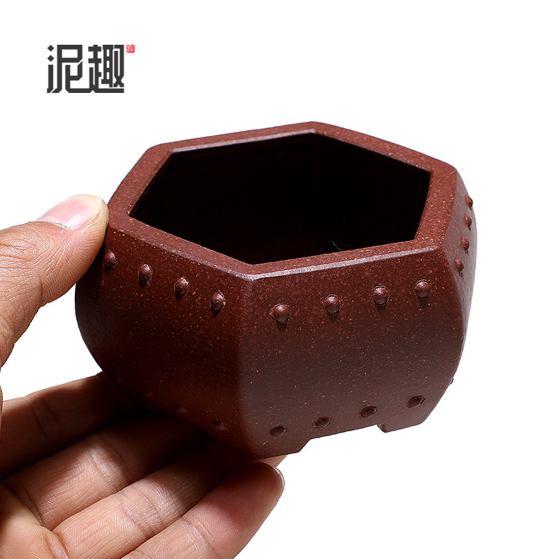 〔长青〕宜兴紫砂花盆古典菖蒲多肉微型万象盆景全手工鼓钉六方盆
