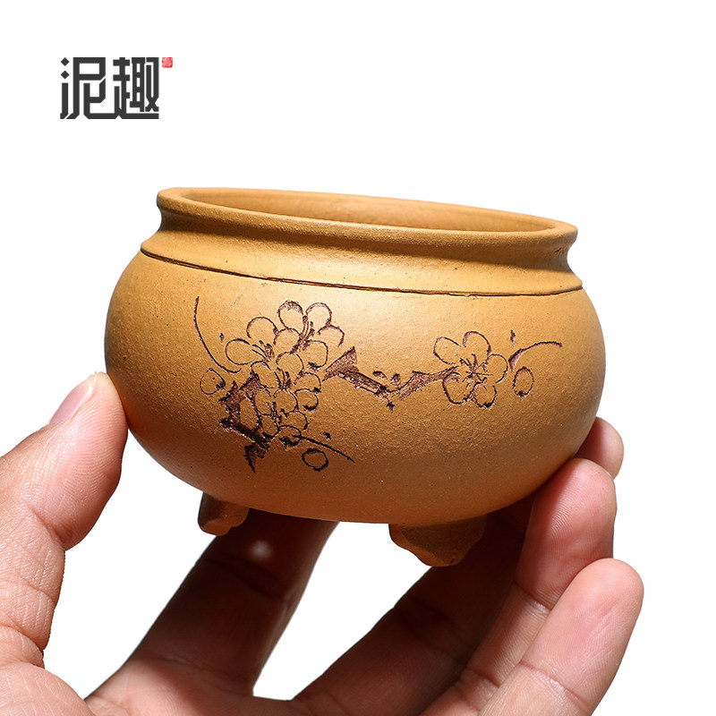 〔长青〕宜兴紫砂花盆古典菖蒲多肉微型万象盆景透气扁圆玉带小盆