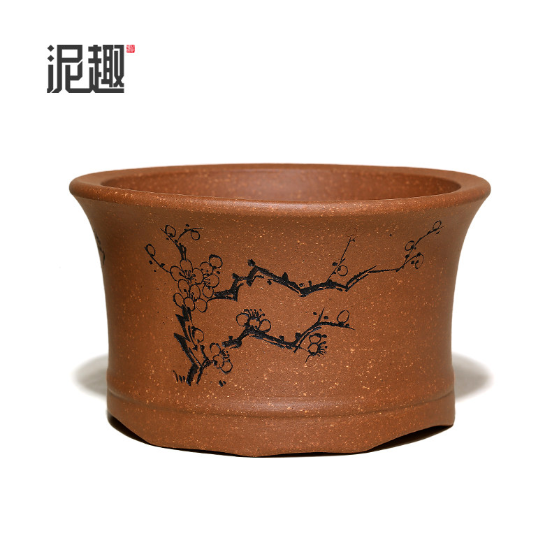 〔长青〕宜兴紫砂花盆古典菖蒲多肉微型万象盆景透气降坡刻绘圆盆