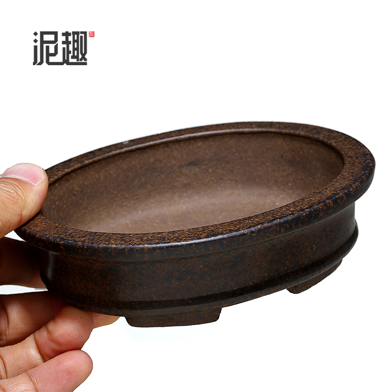 〔长青〕宜兴紫砂花盆古典菖蒲多肉微型万象盆景透气古铜泥椭圆盆