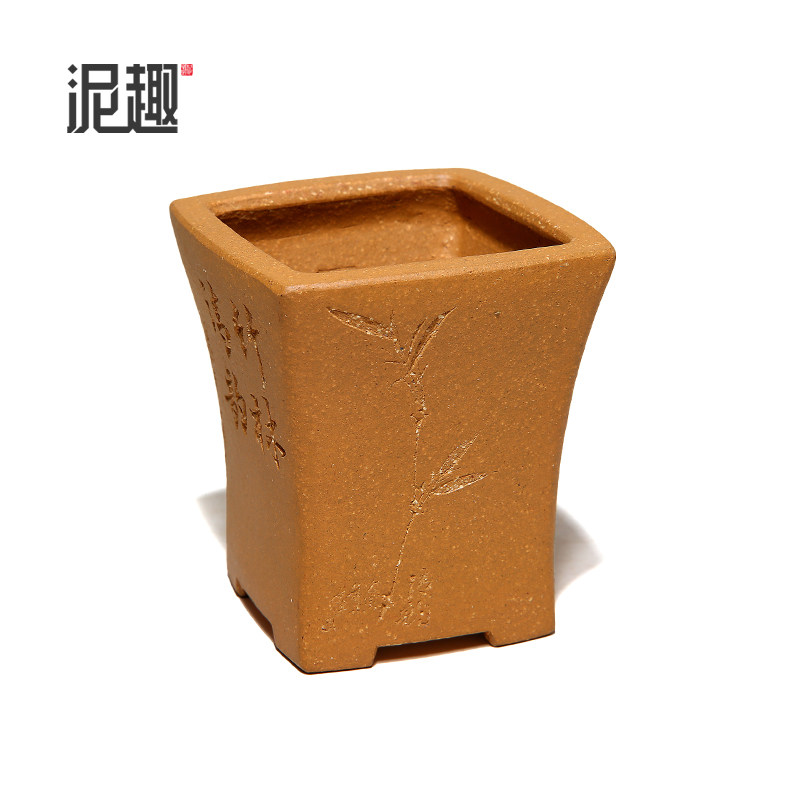 〔长青〕宜兴紫砂花盆古典菖蒲多肉微型万象盆景全手黄金段四方盆