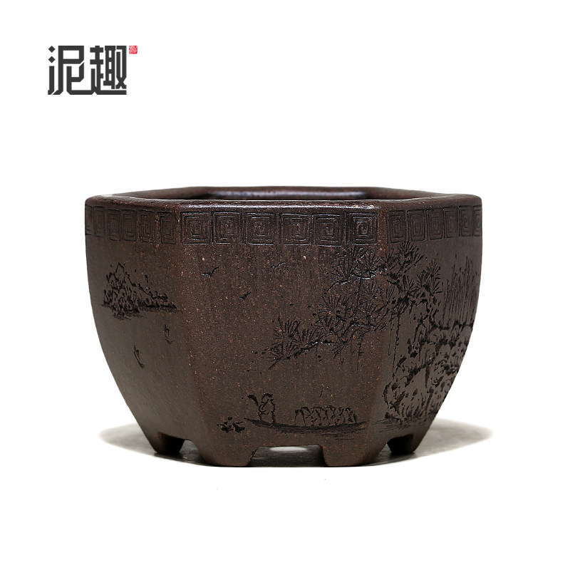 〔长青〕宜兴紫砂花盆古典菖蒲多肉微型万象盆透气全手工回纹六方