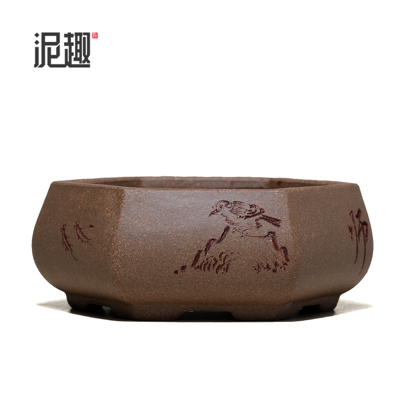 〔长青〕宜兴紫砂古典花盆菖蒲多肉盆景复古刻绘微型青段六方浅盆