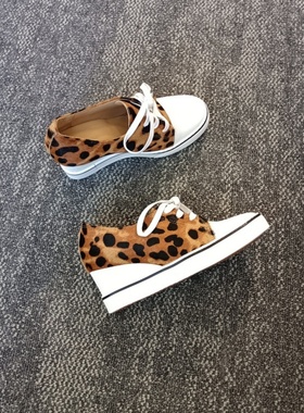 原创设计内增高圆头Y2K风格矮子乐豹纹拼接真皮手工鞋坡跟厚底女