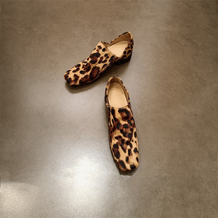 单穆勒鞋 6cm内增高野花豹纹褶皱马毛一脚蹬乐福中高跟时尚 手工鞋
