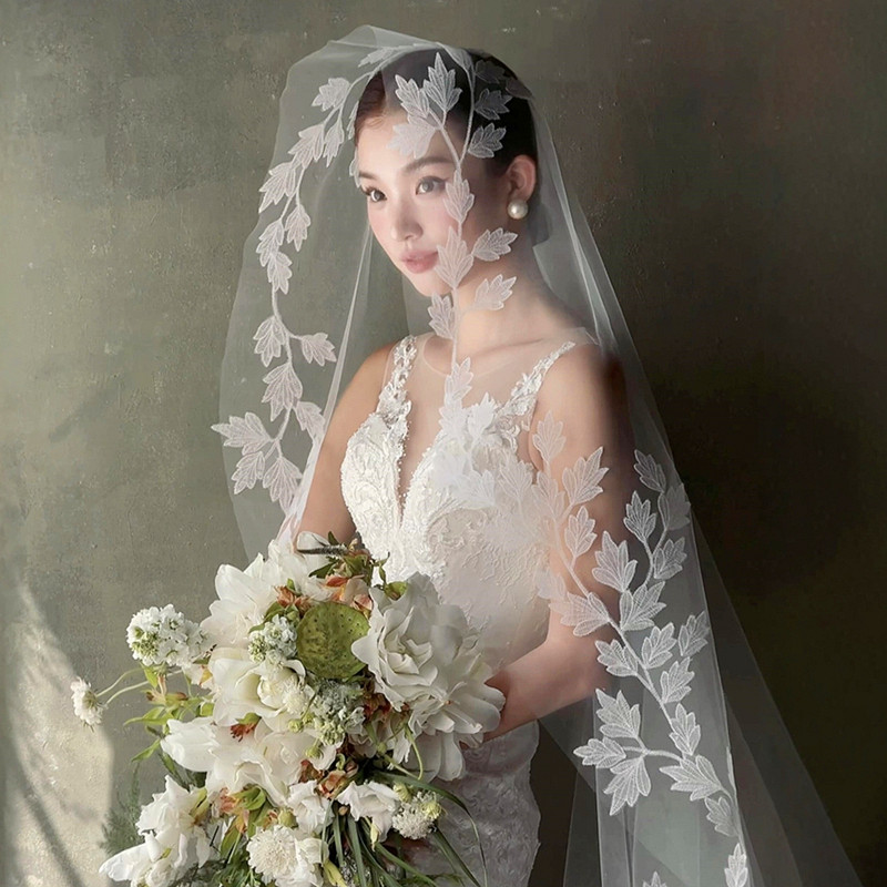 苏式园林风格新中式婚纱照摄影蕾丝盖头拖尾头纱婚礼主婚纱头纱