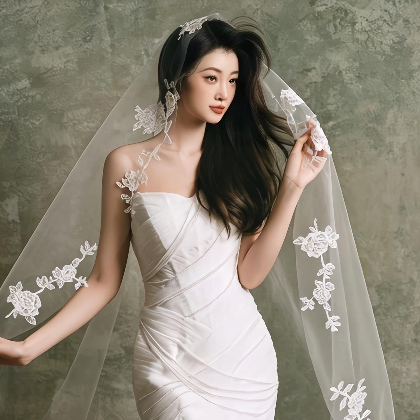 意大利纱新娘光影婚纱照摄影蕾丝头纱长款拖尾高级感园林造型拍照