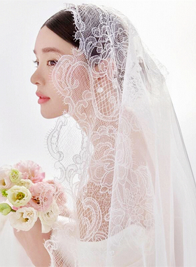 新娘结婚头饰白色精致法国蕾丝大花边新娘头纱婚纱照摄影样品道具