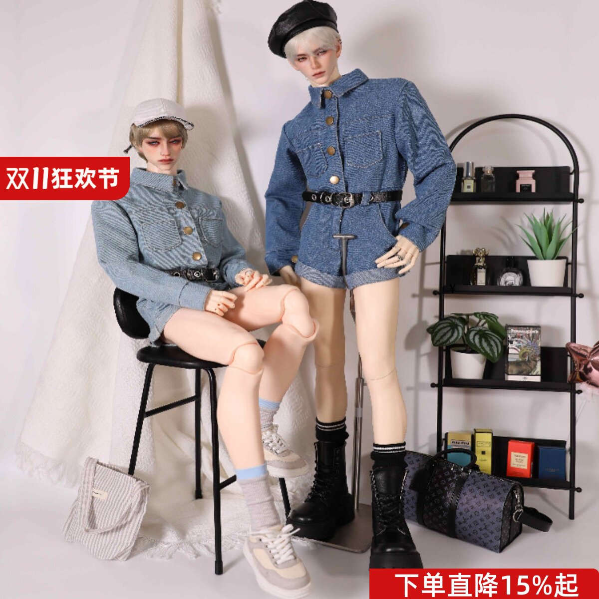 叔体7576连体牛仔短裤腰带娃衣