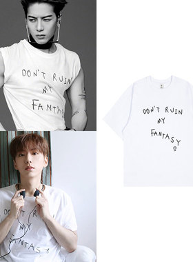 GOT7王嘉尔MONSTA X基贤同款衣服宽松落肩短袖字母印花圆领T恤夏