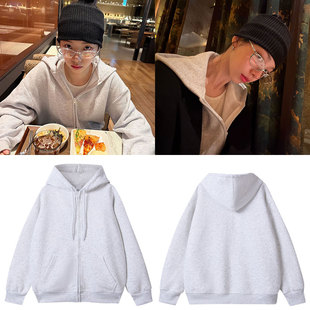 AESPA柳智敏同款卫衣服纯色基础款拉链双层帽衫青少年外套薄加绒