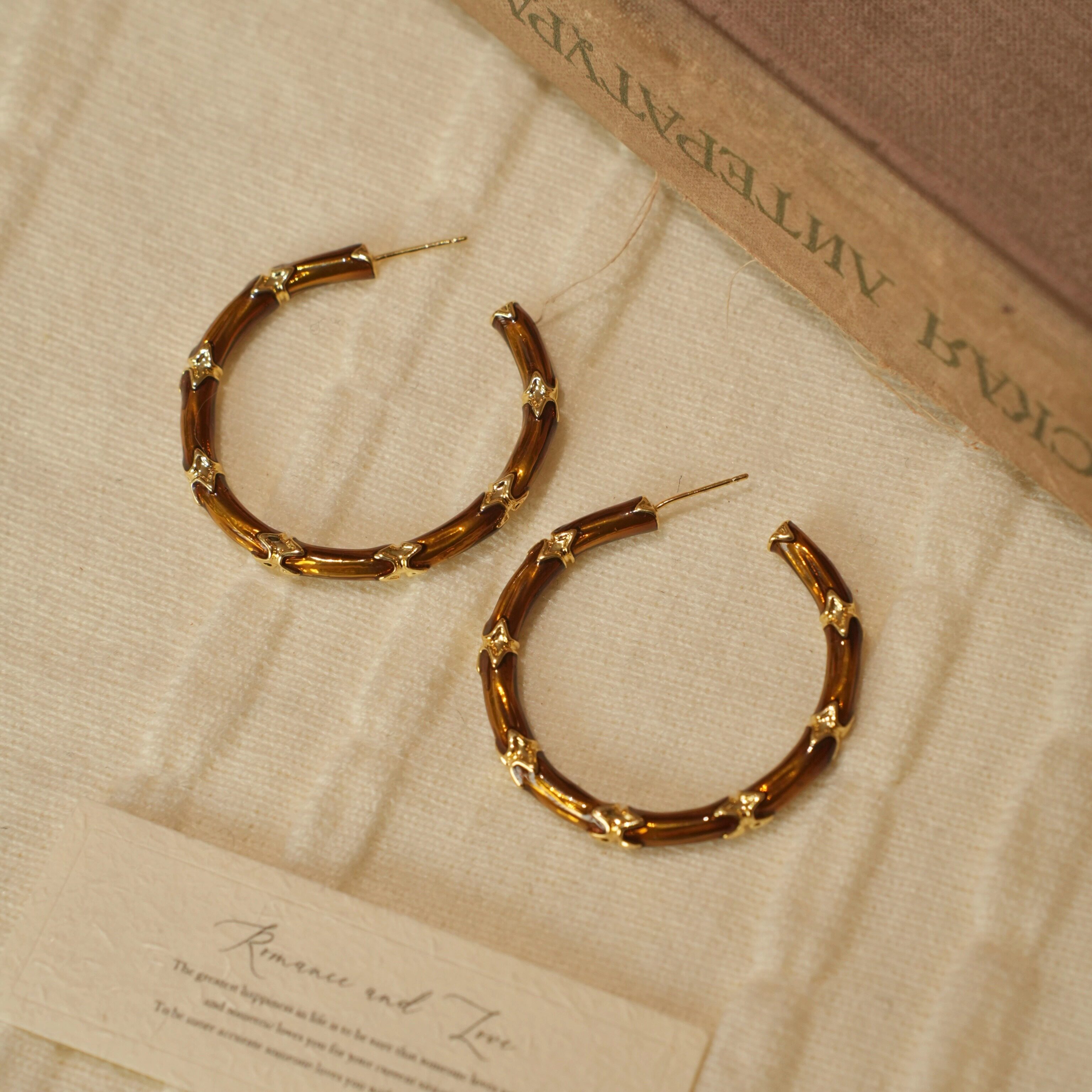 「鎏金耳圈」法式vintage复古高级感气质金棕色竹节圈圈耳环/耳夹