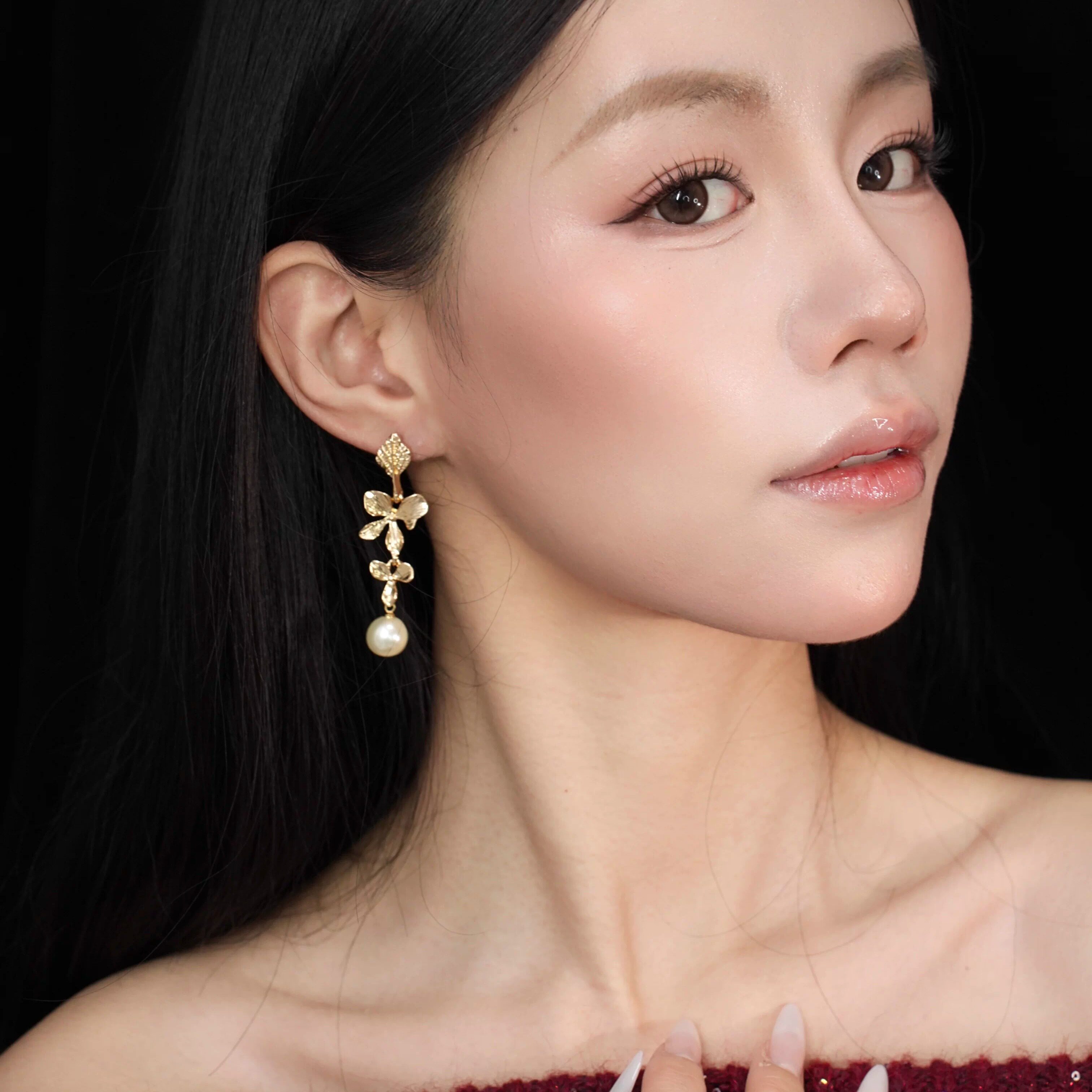 「珍珠花蔓」vintage法式复古宫廷高级小众金色树叶珍珠耳环/耳夹