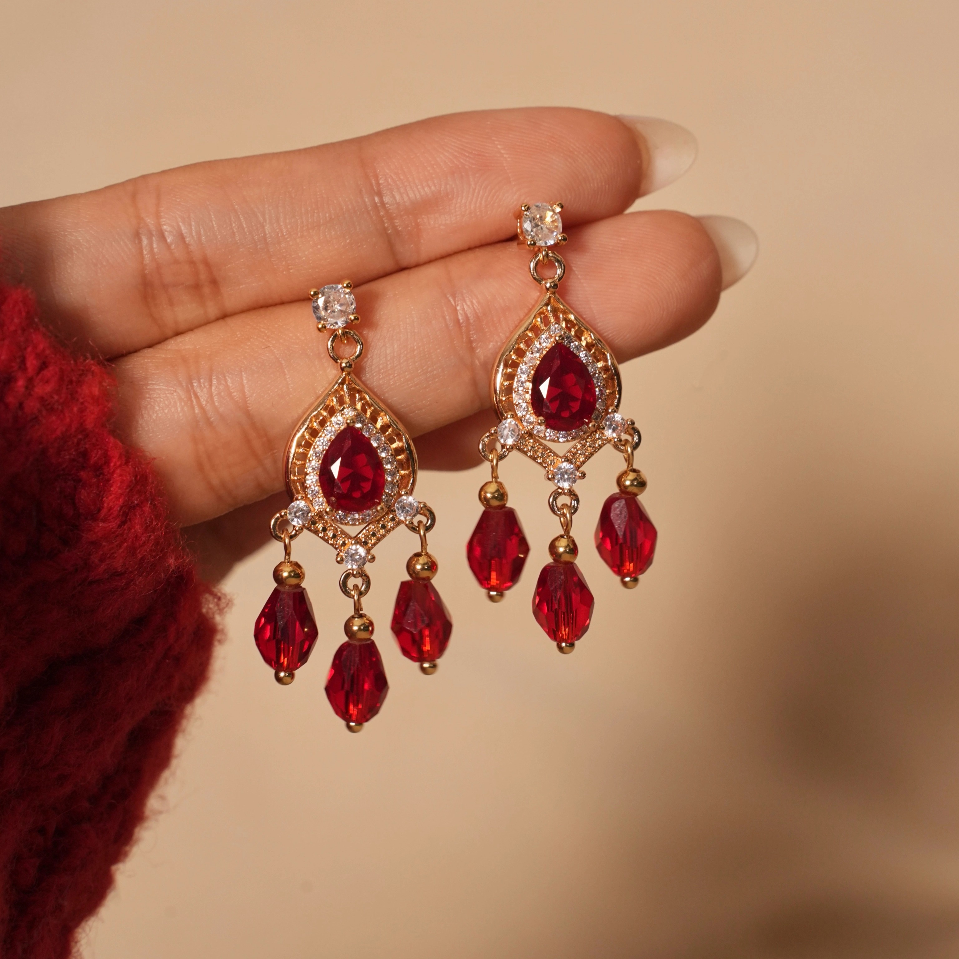 「乱世佳人」法式复古宴会高级感闪耀流苏显白红宝石耳环耳夹新款