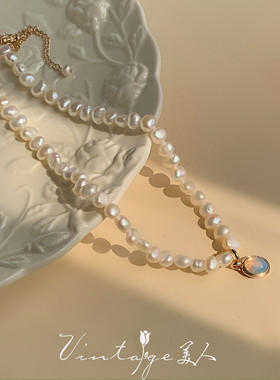 重返法式淡水珍珠月光石锁骨链