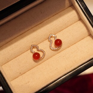 「红福禄」新年新中式 耳夹 天然红玛瑙高级感百搭酒红色葫芦耳环