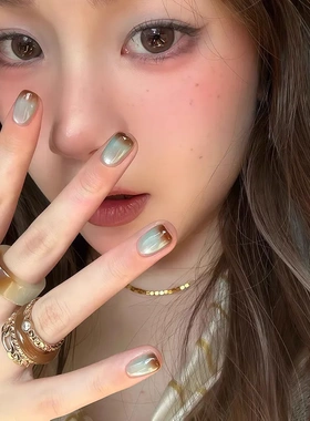 【湖畔栗色】蓝色玻璃珠猫眼简约咖色法式显白短款纯手工美甲贴片