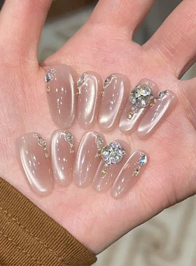 千繁【云粉璎珞】高端满锆纯手作穿戴甲猫眼美甲贴片假指甲中长款
