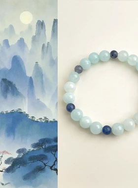 国风原创手作天然石海蓝宝手链古风新中式串珠手串清冷感汉服手饰