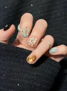 【流浪冰岛】镂空星星爆闪金箔烟花蓝晶猫眼手绘线条纯手工穿戴甲
