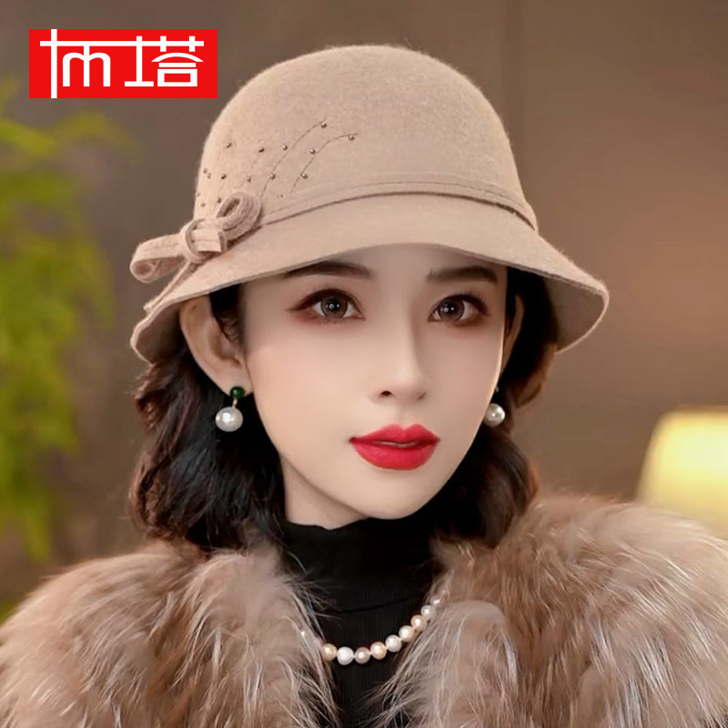 布塔秋冬季100%羊毛礼帽女士保暖时尚百搭复古优雅渔夫帽蓓蕾帽子