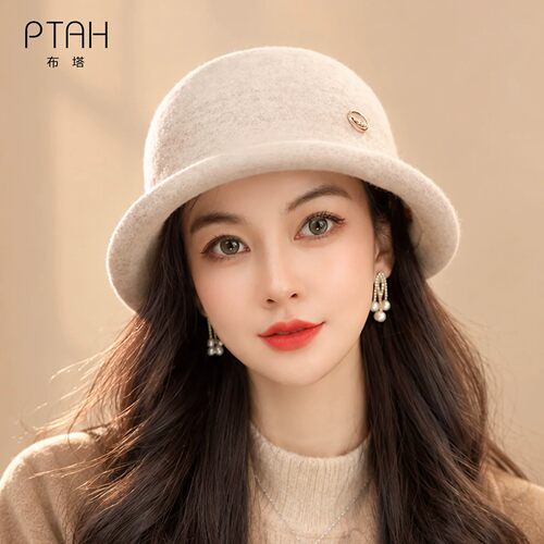 布塔秋冬老钱风毛呢帽羊毛渔夫帽女卷边盆帽优雅气质显脸小帽子