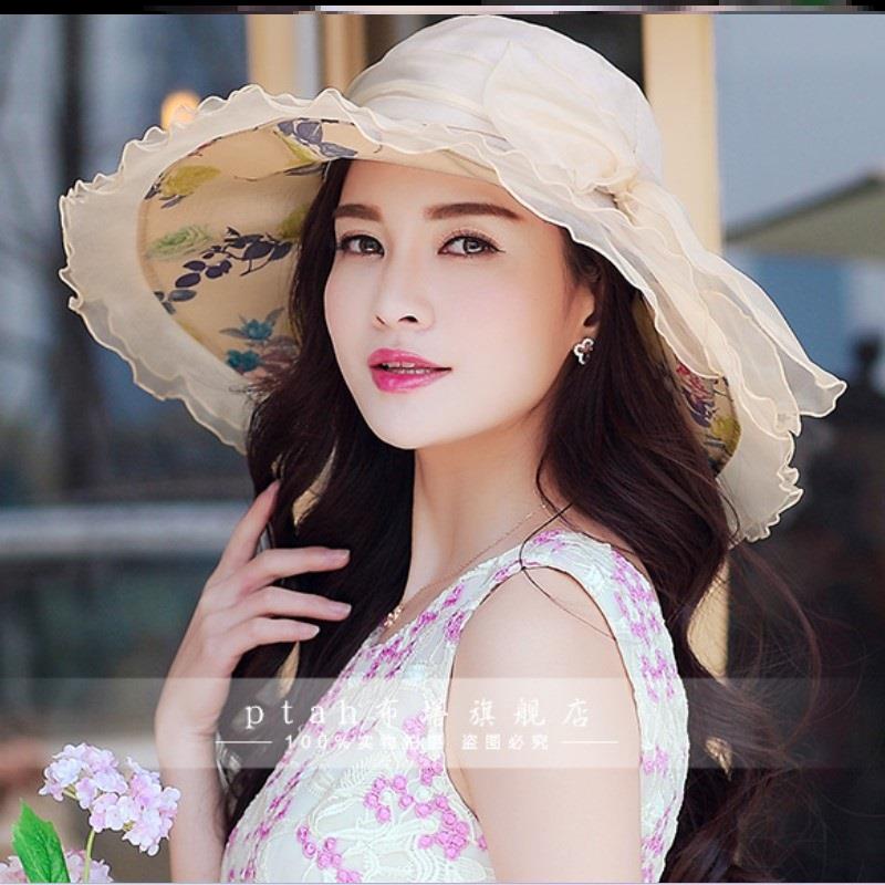 布塔真丝帽子蝴蝶结遮阳帽女防晒可折叠大沿桑蚕丝太阳帽防紫外线