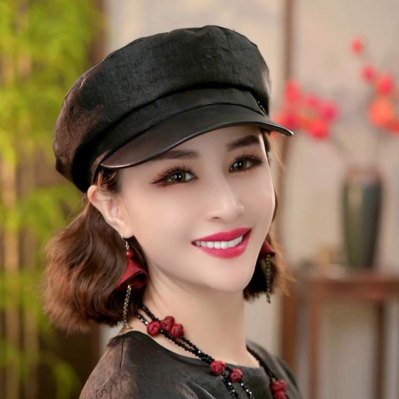 布塔贝雷帽香云纱骑士帽女士四季可戴帽子绵羊皮鸭舌帽时尚报童帽