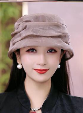 布塔香云纱香妃帽女式四季戴帽子真丝堆堆帽遮白发时尚减龄渔夫帽