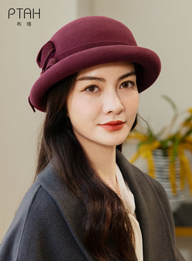 布塔贝雷帽硬挺秋冬季帽子女英伦礼帽纯羊毛呢帽卷边圆顶定型毡帽