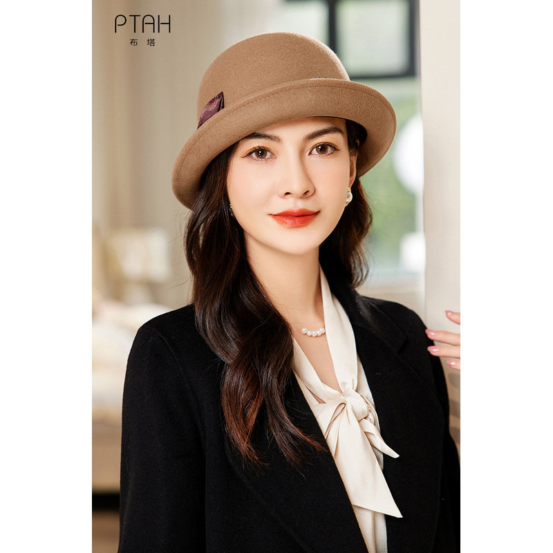 布塔秋冬礼帽纯羊毛帽子女优雅定型帽香云纱蝴蝶结圆顶卷边毛呢帽