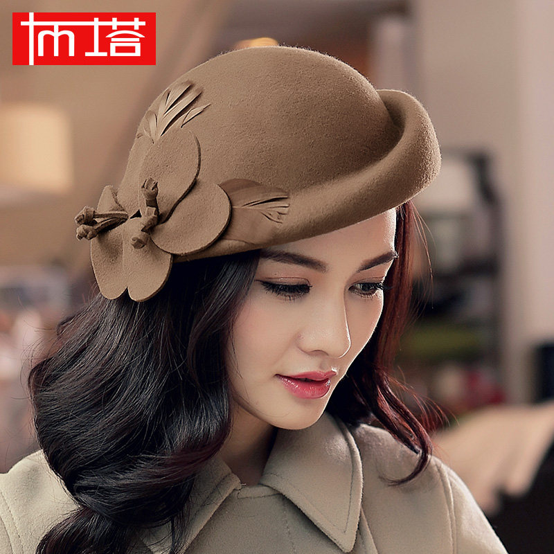 布塔秋冬季贝雷帽女逛街帽子英伦风百搭纯羊毛定型帽卷边小礼帽女