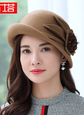 布塔英伦礼帽女秋冬名媛复古小礼帽秋季帽子女士休闲花朵羊毛呢帽